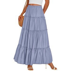 Women's Blue Boho Long Flowy A Line Tiered Beach Vacation Clothes Maxi Skirt